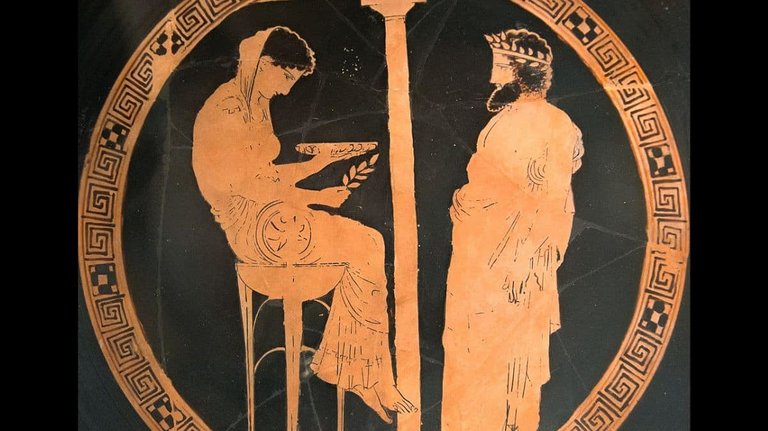 Cílice con la representación de una consulta al oráculo de Delfos realizada por Egeo (440-430 a. C.).